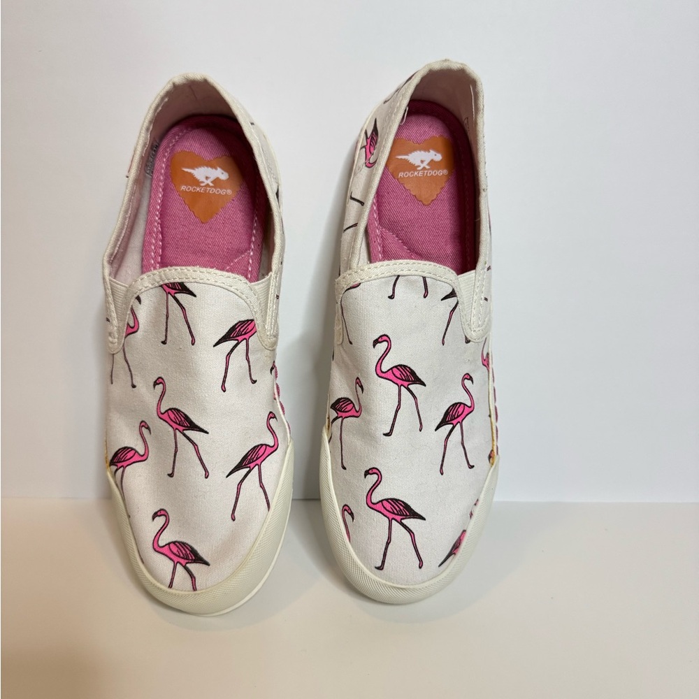 Rocket Dog White Canvas Slip-Ons with Pink Flamingo Print